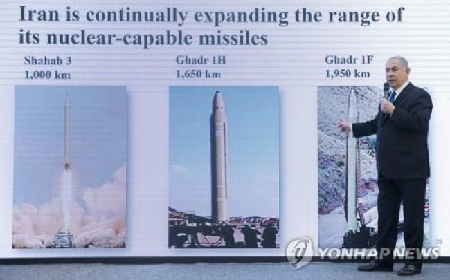 2018년 이란이 비밀 핵무기를 개발하려 한다고 주장한 네타냐후 이스라엘 총리 
